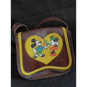 Vintage 1970's Mickey & Minnie Yellow Heart Leather Satchel Purse Disney